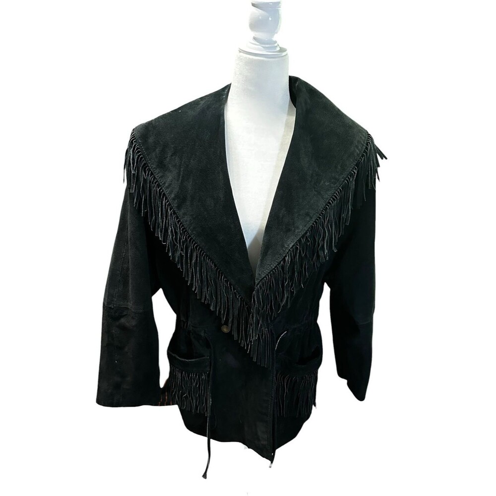 VTG G4000 Black Suede Leather Fringe Jacket Women’s L Western Cowgirl Boho Rodeo